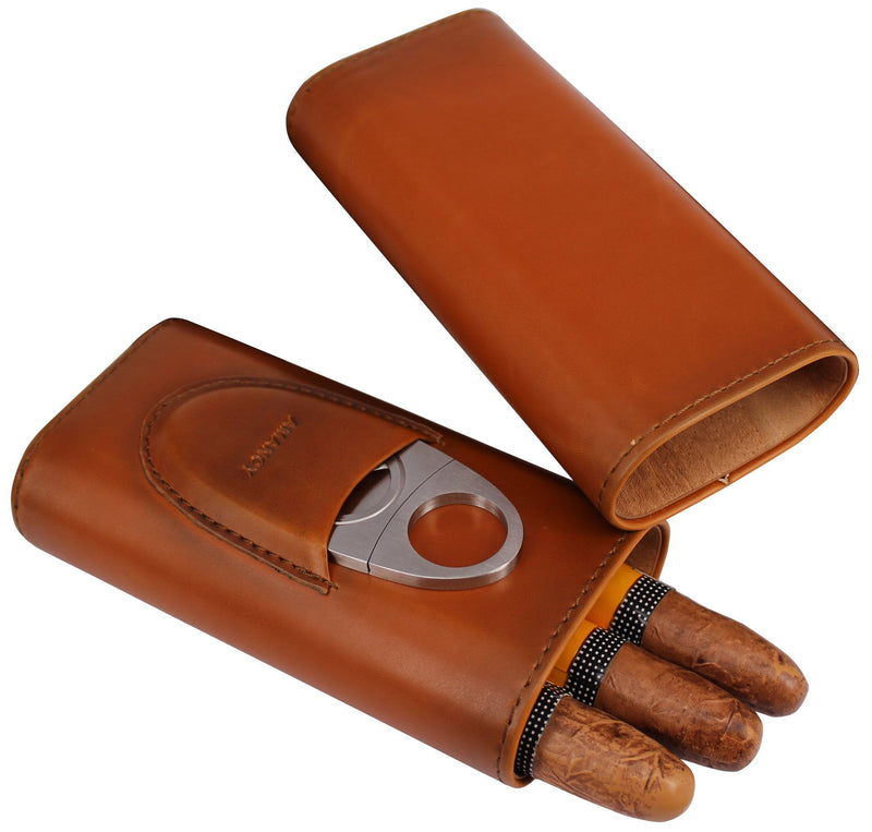 AMANCY Premium 3- Finger Brown Leather Cigar Case, Cedar Wood Lined Cigar Humidor with Silver Stainless Steel Cutter - NewNest Australia