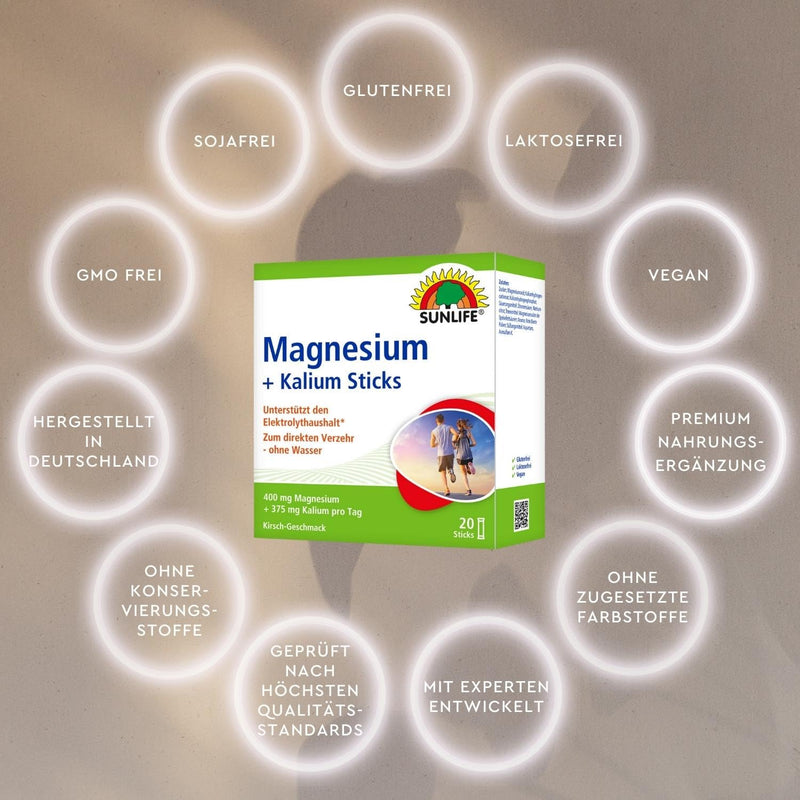 SUNLIFE Magnesium & Potassium Sticks 3 x 20 sticks - magnesium potassium with cherry flavor - sticks with 400mg magnesium & 375mg potassium - vegan & gluten-free - for quick direct consumption - NewNest Australia