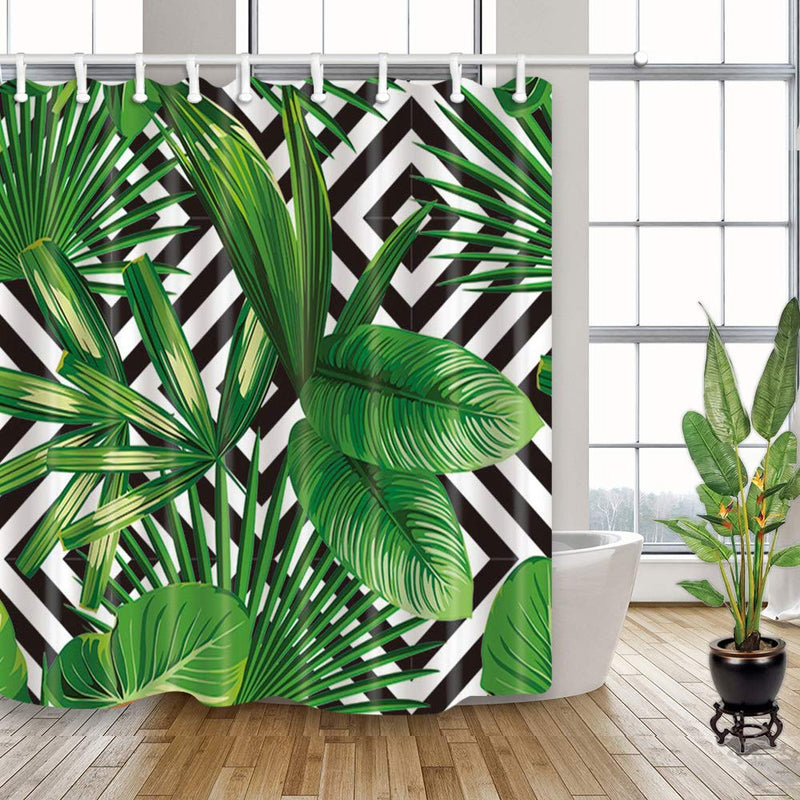 NYMB Jungle Plant Tropical Palm Leaves on The Black White Geometric Background Bath Curtain, Polyester Fabric Waterproof Shower Curtains, 69X70 in, Shower Curtain Hooks Included, Green - NewNest Australia