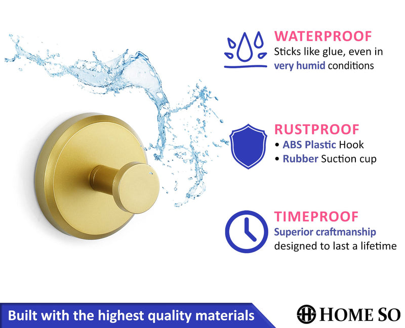 HOME SO Suction Cup Hooks for Shower, Bathroom, Kitchen, Glass Door, Mirror, Tile – Loofah, Towel, Coat, Bath Robe Hook Holder for Hanging up to 15 lbs – Waterproof, Matte Brushed Satin Gold (2-Pack) 2 Brushed Gold - NewNest Australia