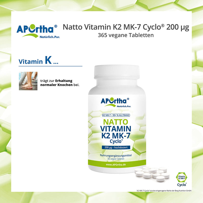 APOrtha Vitamin K2 MK7 200 µg 99+% ALL-Trans, 365 tablets high-dose vegan, high-quality Natto K2 vitamin easy to swallow dietary supplement Vit K2, vitamin K 2 alternative to K2 drops capsules - NewNest Australia