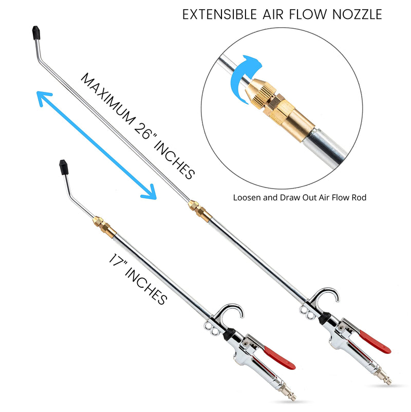 NEIKO 31122A High Flow Air Blow Gun | 17-26 Inch Extensible Stainless Steel Air Flow Nozzle | Pneumatic Air Compressor Accessories Tool | Operating Pressure 80-120 PSI | 360 Degree Swivel Hook Extendable Air Blow Gun - NewNest Australia