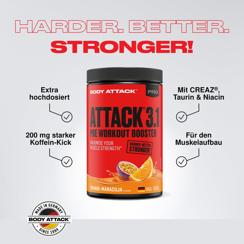 Body Attack Pre Workout Booster Pre Attack 3.0, Muscle Pump Booster, Creaz, Argiz & Citrusyn Fill Muscle Energy Storage, More Power, More Pump, 600 G (Orange Passion Fruit) - NewNest Australia