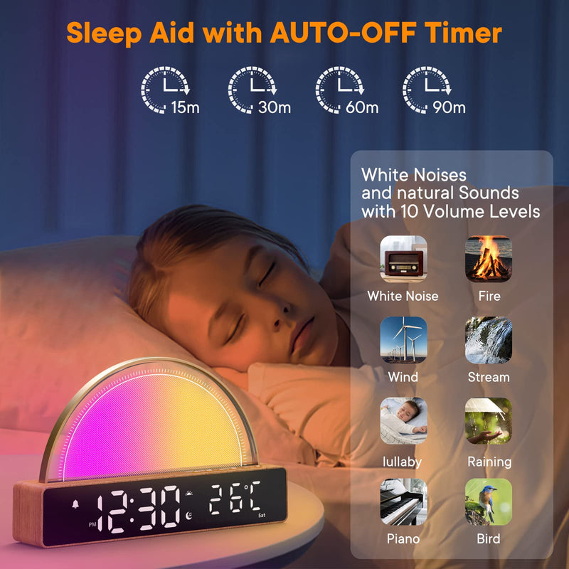 Sunrise Alarm Clock, Wake Up Light with Sunrise Simulation, White Noise Machine, Touch Control Bedside Lamps Dimmable Multicolor Night Light, 10 Nature Sounds, Snooze/Timer/Temperature Display Wooden - NewNest Australia