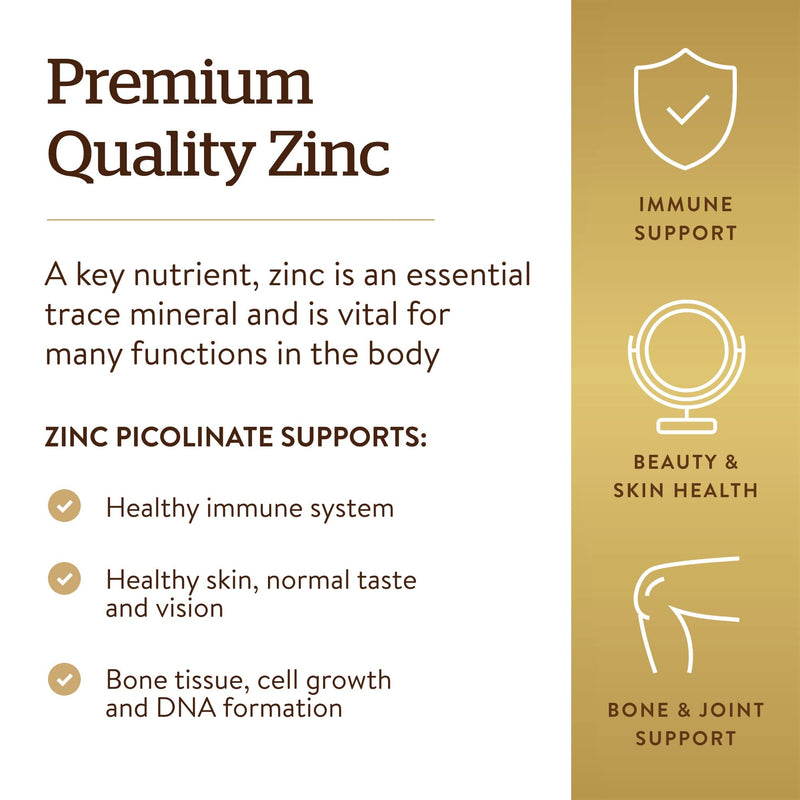 Solgar Zinc Picolinate 22 mg, 100 Tablets - Promotes Healthy Skin - Supports Immune System, Normal Taste & Vision - Antioxidant - Non GMO, Vegan, Gluten Free, Dairy Free, Kosher - 100 Servings - NewNest Australia