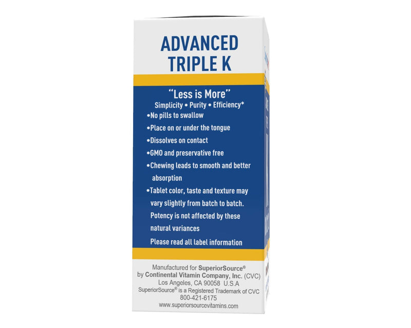 Superior Source Triple K, 3-in-1 Formula, MK-4 500 mcg, MK-7 50 mcg, K1 500 mcg, Quick Dissolve Sublingual Tablets, 30 Count, Healthy Bones and Arteries, Immune & Cardiovascular Support, Non-GMO - NewNest Australia