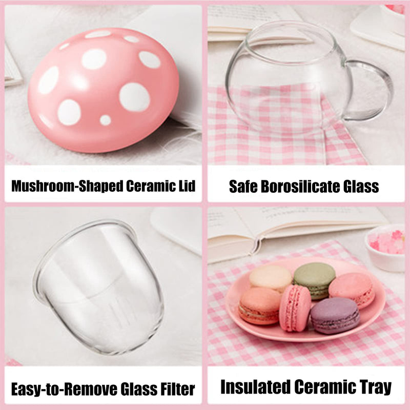 Mushroom Cup Cute Glass Tea Cup with Infuser and Lid Kawaii Mushroom Mug Set Coffee Teapot with Ceramic Coasters 11oz (Green) Green - NewNest Australia