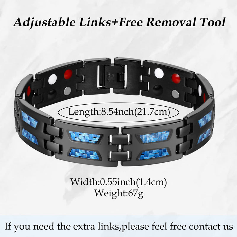 Jeracol Blue Carbon Fiber Titanium Steel Magnetic Bracelet for Men, 4 Element Double Row Strong Magnets,Size Adjustable Brazaletes Wristband with Removal Tool&Gift Box,Gift for Boyfriend Father's Day A-black Bule - NewNest Australia