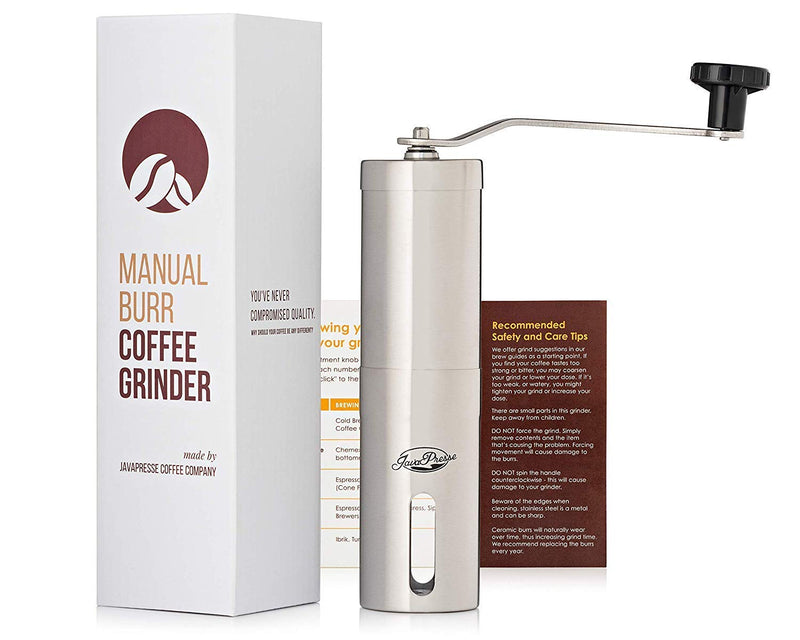 NewNest Australia - JavaPresse Manual Coffee Grinder with Adjustable Setting - Conical Burr Mill & Brushed Stainless Steel Whole Bean Burr Coffee Grinder for Aeropress, Drip Coffee, Espresso, French Press, Turkish Brew 