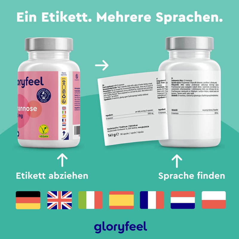 gloryfeel D-Mannose high dose - 2000 mg pure D Mannose per daily serving - 180 capsules from plant origin - 100% vegan, laboratory tested and made in Germany without additives - NewNest Australia
