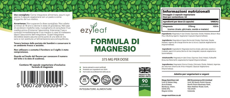 Ezyleaf Magnesium High Dose Capsules | 375Mg Magnesium Per Serving | Magnesium Glycinate, Magnesium Malate & Magnesium Citrate | 90 Vegan Capsules | Iso Certified, Allergen & Gluten Free | Made In The - NewNest Australia