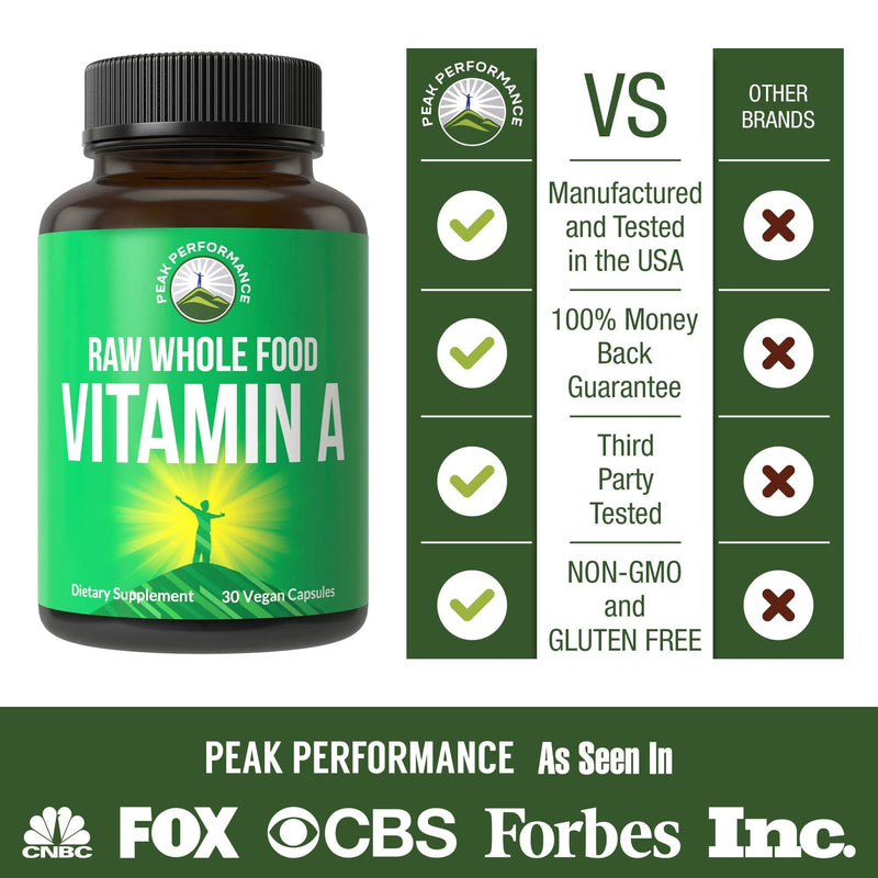 Raw Whole Food Vitamin A Capsules Supplement by Peak Performance. High Potency Vitamins with Organic Carrot Juice. Great for Immune, Skin, Eye Support. Vegan Pills, Tablets - NewNest Australia