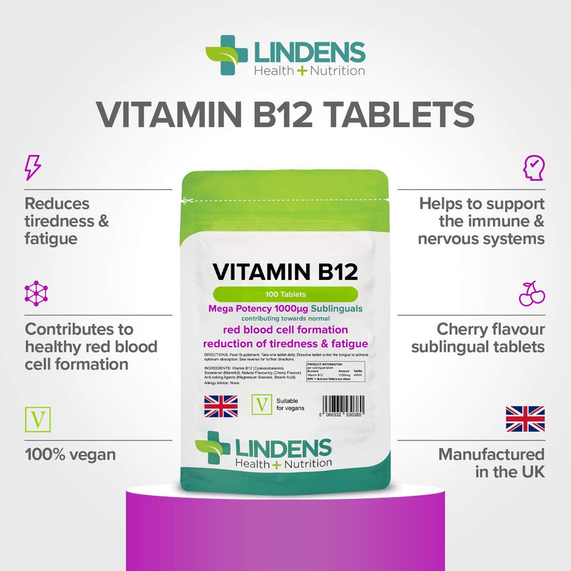 Lindens Vitamin B12 1000mcg Cherry Flavour Sublingual Tablets - 100 Pack - for Red Blood Cell Formation and Fatigue Reduction - Fast Absorption - UK Manufacturer, Letterbox Friendly 100 Count (Pack of 1) - NewNest Australia