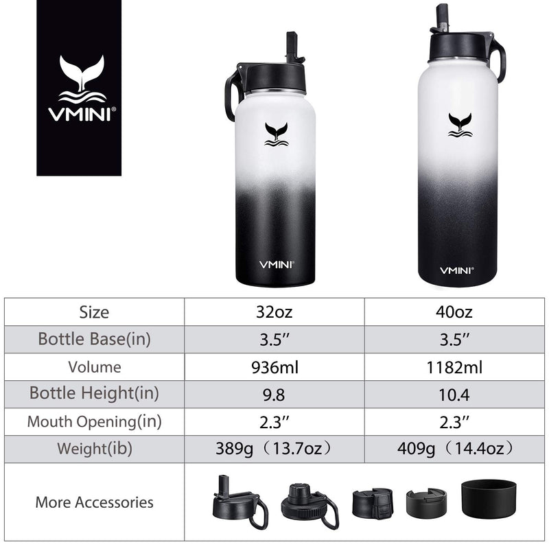 NewNest Australia - Vmini Water Bottle with New Wide Handle Straw Lid, Wide Mouth Vacuum Insulated 18/8 Stainless Steel, 32-40 oz Orcas 32oz 