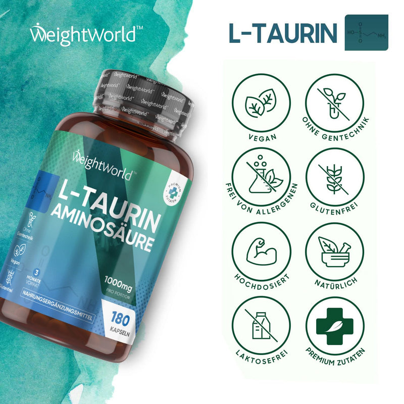 Weightworld Taurine Capsules - 1000 Mg Pure Amino Acid L Taurine - 180 Capsules For 3 Months - Vegan & Tested Ingredients - Micronutrients For Sports, Fitness & Pre Workout - Amino Acid L-Taurine - NewNest Australia