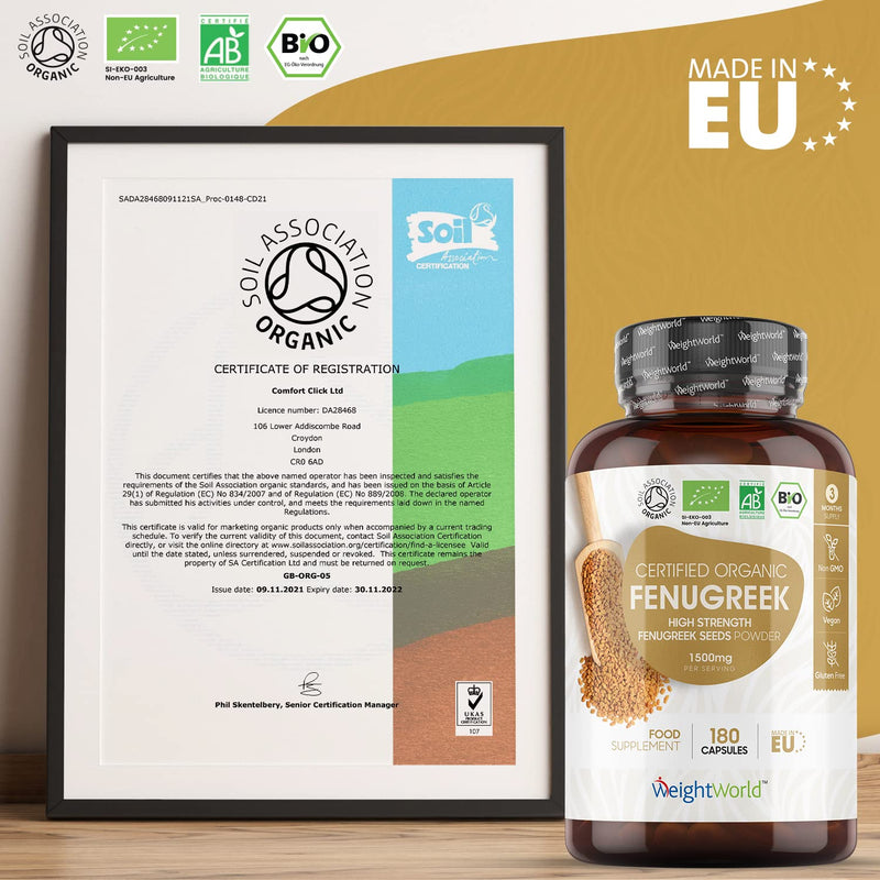 Organic Fenugreek 180 Capsules - 750Mg Per Capsule - 3 Month Supply - Fenugreek Seeds Vegan Dietary Supplement - Fenugreek Seed - Certified Organic - Without Magnesium Stearate - Weightworld - NewNest Australia
