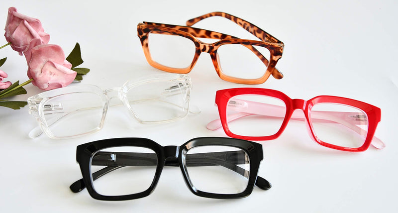 Eyekepper 4 Pack Ladies Reading Glasses - Oversized Square Design Reader Eyeglasses for Women 4 Pairs Mix 0.0 x - NewNest Australia