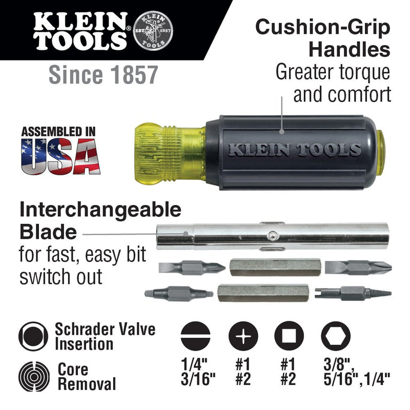 Klein Tools 32527 Multi-Bit Screwdriver / Nut Driver, 11-in-1 with Phillips, Slotted, Square, and Schrader Bits and Nut Drivers - NewNest Australia