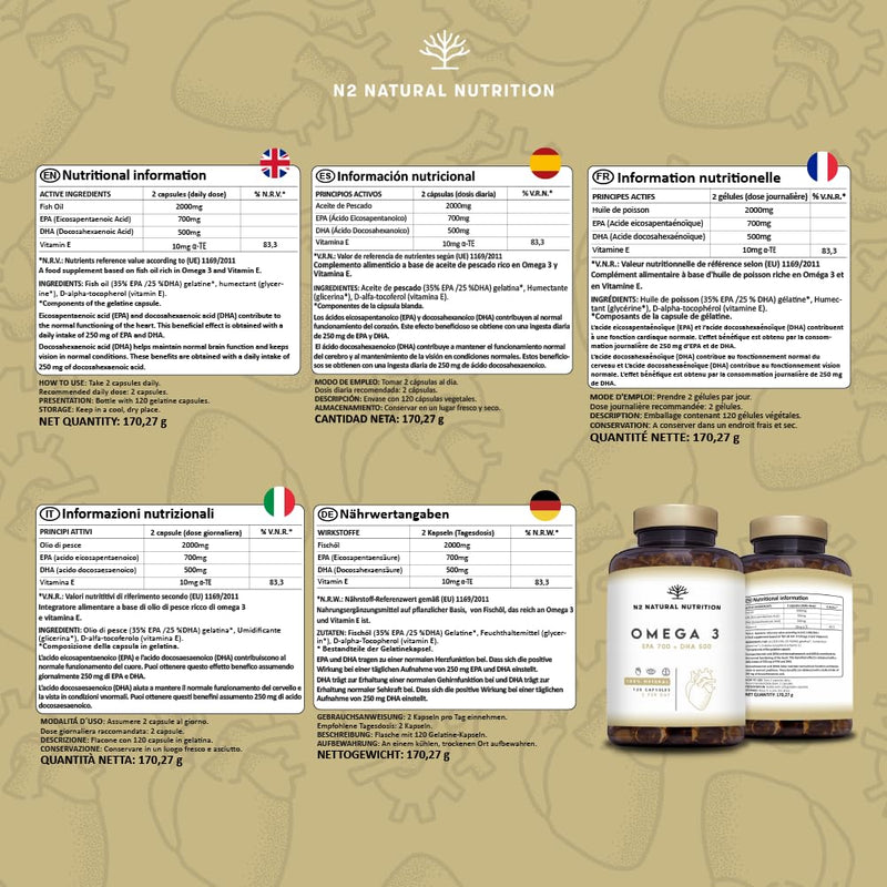 Omega 3 capsules, high dose with 2000 mg fish oil with 700 mg EPA and 500 mg DHA, fish oil with vitamin E and the omega 3 fatty acids. 120 softgel capsules of pure sea fish oil N2 Natural Nutrition - NewNest Australia