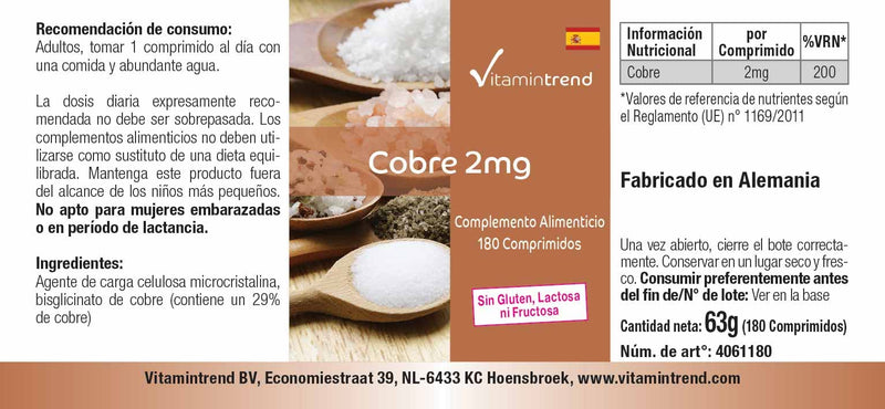 Copper tablets 2mg - 180 tablets - ! FOR 6 MONTHS ! - vegan - high-dose copper dietary supplement | Vitamintrend® - NewNest Australia