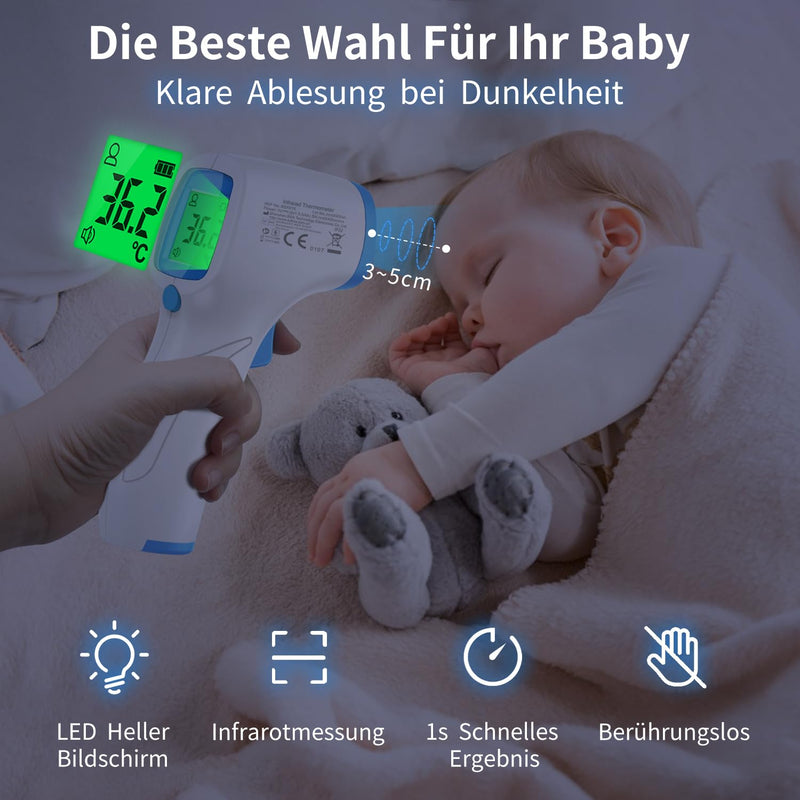 BerkeMed fever thermometer, contactless, infrared forehead thermometer, fever thermometer baby, for babies, children and adults, digital thermometer fever, immediate accurate readings, LCD display, white_blue - NewNest Australia
