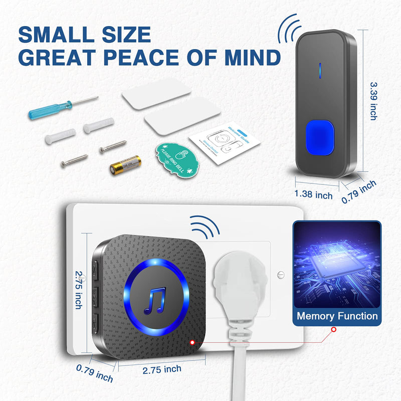 Wireless Doorbell, Waterproof Door Bell Battery Operated with Plug in Receiver Chime transmitters Remote Button, 55 Chimes 5 Volume, Loud Enough for Home Classroom, Black (2 Receivers + 1 Button) 2 Receivers + 1 Button - NewNest Australia