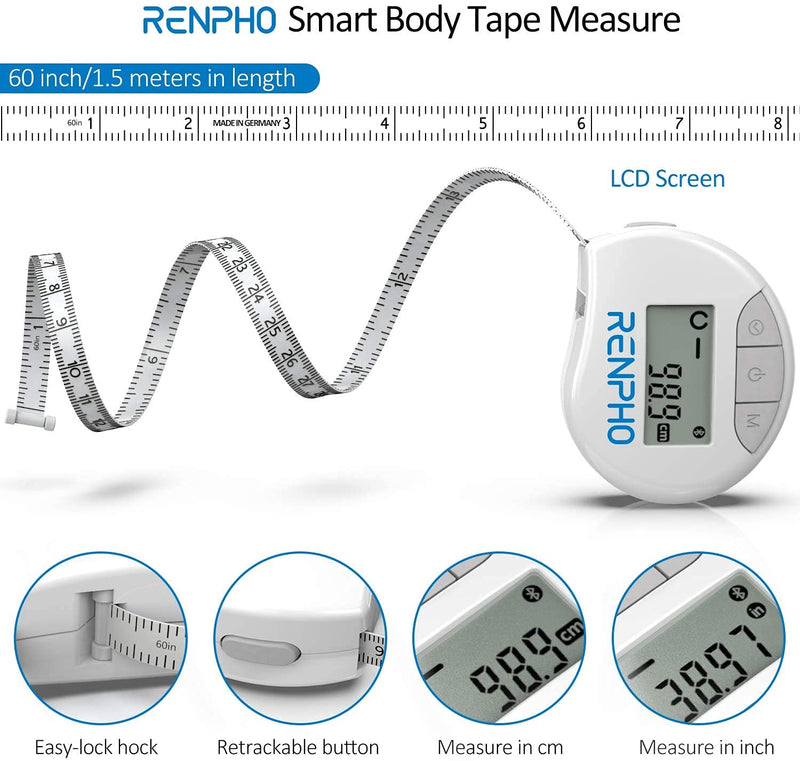 RENPHO Body Tape Measure for Weight Loss, Smart Body Measuring Tape for Body Measurements, Fitness Body Composition Monitors with APP, Retractable Dual-Scale Body Measurement Tape - NewNest Australia