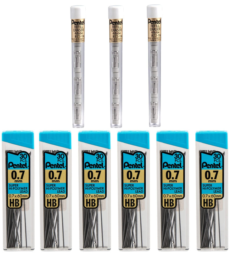 Pentel Eraser and Lead Refill Pack for Mechanical Pencils - Super Hi-polymer Lead Refills Value Pack - 0.7mm 6 Pack of 30 Pieces – Pack of White Eraser Refills 3 Packs of 4 Erasers Each - NewNest Australia