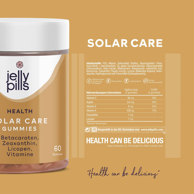 Jelly Pills® Beta Carotene Tanning Sommies with Lycopene, Copper and Vitamins A, C and E - No Added Sugar - 60 Vegan Tanning Booster Gummy Bears with Strawberry Flavor - NewNest Australia