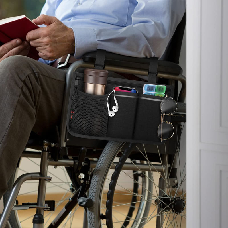 FINPAC Wheelchair Side Storage Bag - Wheelchair Armrest Accessories Organisers Pouch with Reflective Strips and Name Card Slot for Walkers, Mobility Scooters, Rollators (Black) Black - NewNest Australia