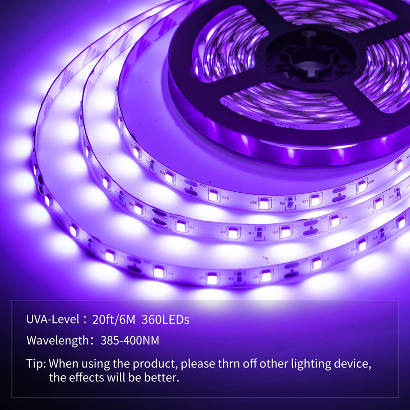 YAYIT 20ft LED Black Light Strip Kit,360 Units,12V Flexible Blacklight Fixtures, 6m LED Ribbon for Indoor Home Bedroom Decoration Fluorescent Dance Party,Non-Waterproof - NewNest Australia