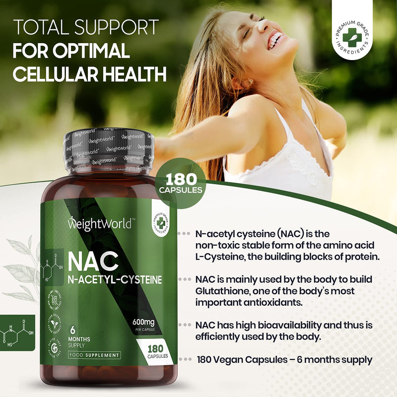 NAC Supplement - N-Acetyl-Cysteine 600mg - 180 Vegan Capsules (6 Months Supply) - Amino Acid Nutritional Supplement with High Bioavailability - Non Toxic & Stable Form - Non GMO Glutathione Supplement - NewNest Australia