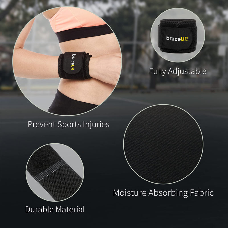 Wrist Compression Strap and Wrist Wrap by BraceUP - Wrist Band, Brace for Tendonitis, Tennis, Gym, Workout, One Size Adjustable (Black), 1 PC Black - NewNest Australia