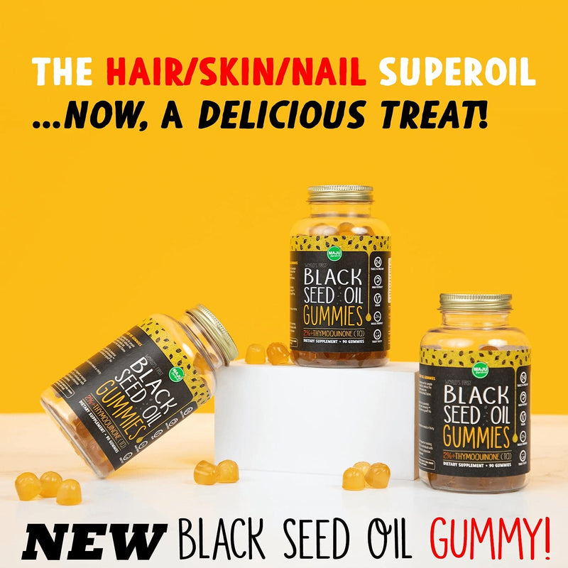 MAJU's Black Seed Oil Gummies - World's First Gummy w/ 2%+ Thymoquinone, Black Cumin Seed Nigella Sativa Oil, Cold-Pressed, Potent Formula with Cinnamon Extract, No Aftertaste - 500mg (90ct) - NewNest Australia
