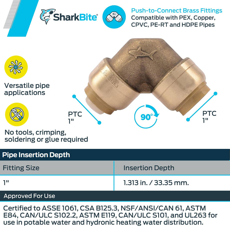 SharkBite 1 Inch 90 Degree Elbow, Push to Connect Brass Fitting, PEX Pipe, Copper, CPVC, PE-RT, HDPE, U260LFA 1 in. - NewNest Australia