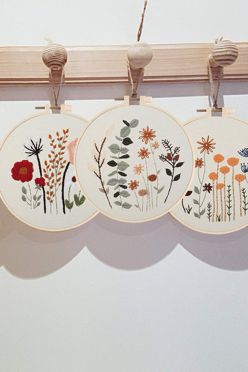 Uphome 3 Pack Embroidery Starter Kit for Beginners Stamped Cross Stitch Kits with Cute Flowers and Plants Patterns with Embroidery Hoops and Color Threads for Adults Kids - NewNest Australia