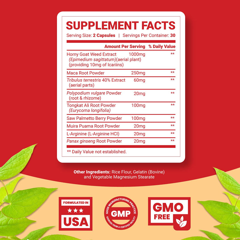 Pure Horny Goat Weed Extract with Maca Powder – Immune Support – Helps Increase Drive and Stamina – Booster for Men and Women Tongkat Ali Plus L-Arginine Increases Energy – 60 Capsules - NewNest Australia