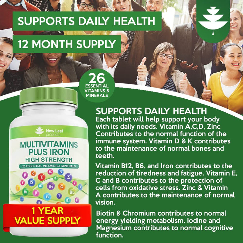Multivitamin & Minerals - 365 Vegan Multivitamins Tablets (1 Year Supply) with Iron High Strength - 26 Essential Active Multivitamin Tablets for Women & Men A-Z Complete Daily Vitamins UK Made 365 Count (Pack of 1) - NewNest Australia