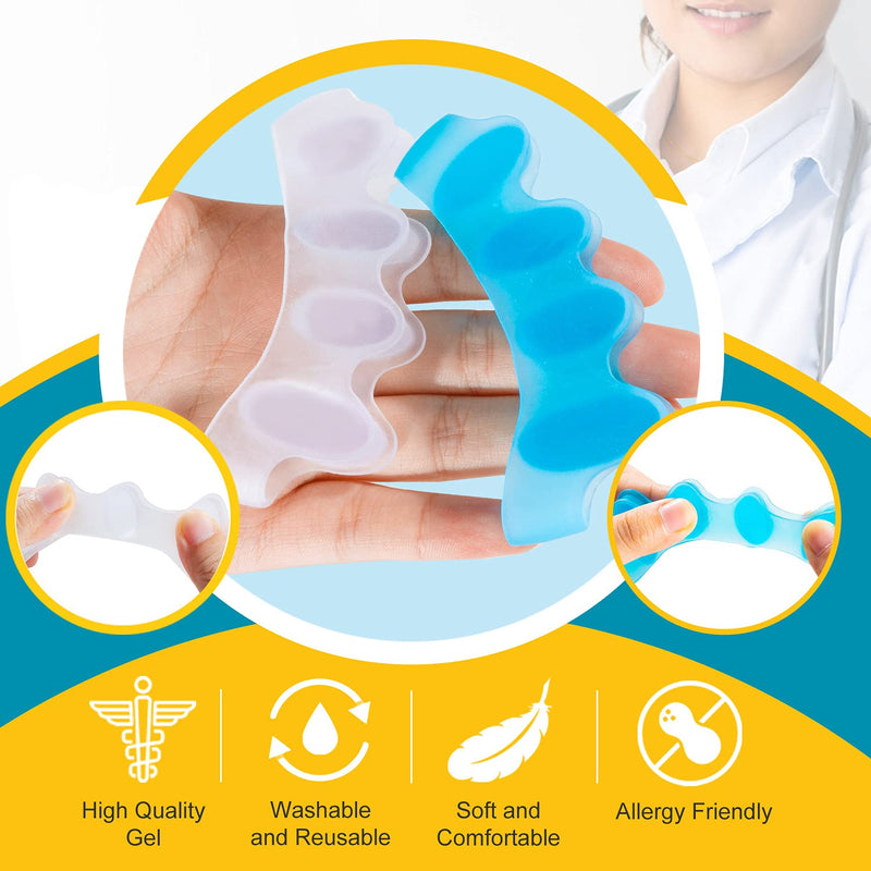 Sumiwish Toe Separators, 4 Pair (Blue and Clear) Soft Gel Toe Spacers to Correct Bunions, Toe Stretcher for Therapeutic Relief from Plantar Fasciitis, Hammer Toes, Claw Toes - NewNest Australia