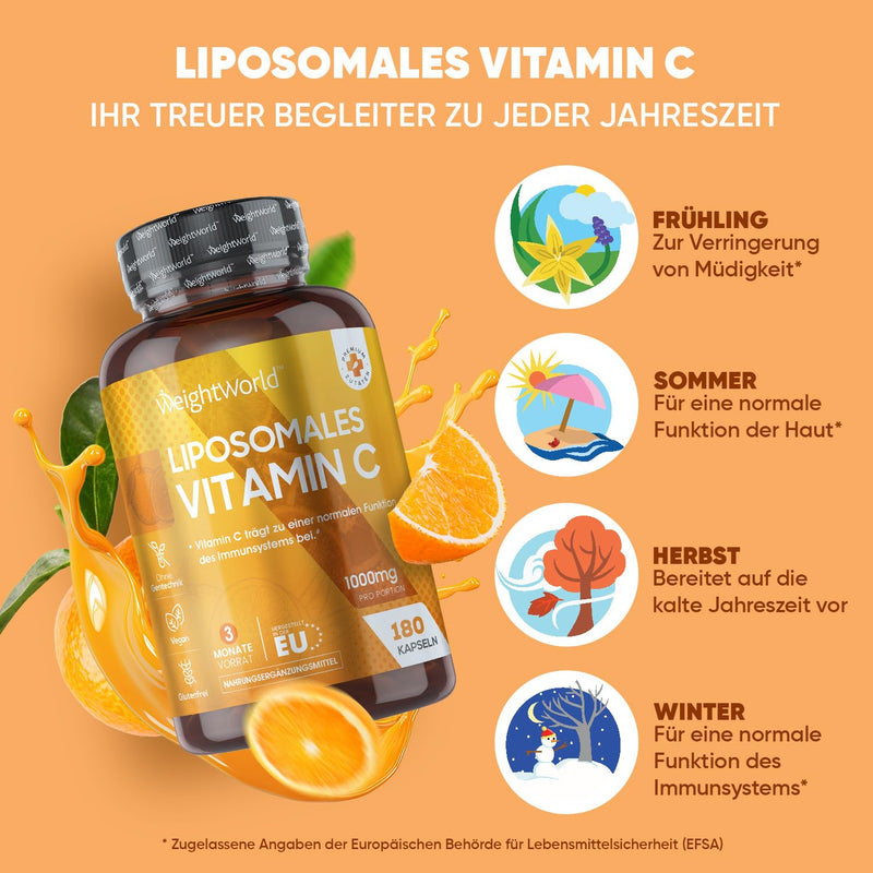 Liposomal Vitamin C - 1000mg Vitamin C Daily - 180 Vegan Capsules with Rose Hip - Higher Absorption & Bioavailability - For Immune System, Bones & Teeth (EFSA) - Antioxidants - from WeightWorld Liposomal Capsules - NewNest Australia