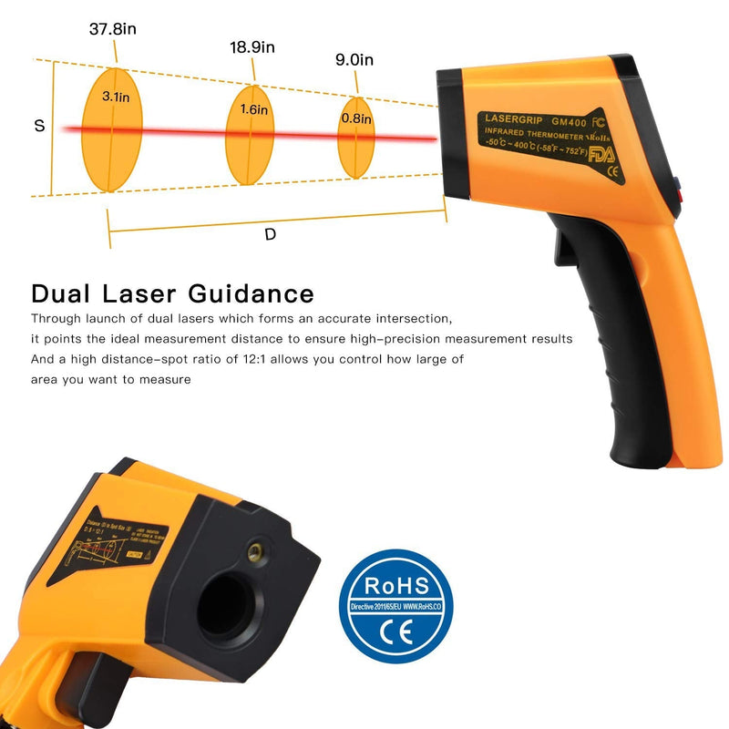 Laser Infrared Thermometer Non-Contact Digital Temperature Gun，-50°C to 400°C(-58°F to 752°F) IR Thermometer for Industrial,Kitchen Cooking,Ovens (Orange) - NewNest Australia