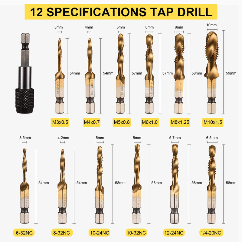 THINKWORK Combination Drill Tap & Tap Bit Set, 3-in-1 Titanium Coated Screw Tapping Bit Tool for Drilling, Tapping, Countersinking, with Quick-Change Adapter, 13 PCS SAE/Metric - NewNest Australia