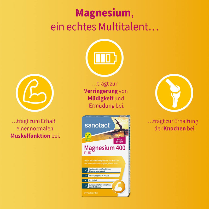 sanotact Magnesium 400mg PUR (Vegan) • 30 chewable tablets with high doses of magnesium • Magnesium with immediate effect • Fruity lemon flavor • Magnesium for children aged 12 and over Lemon 30 pieces (pack of 1) - NewNest Australia