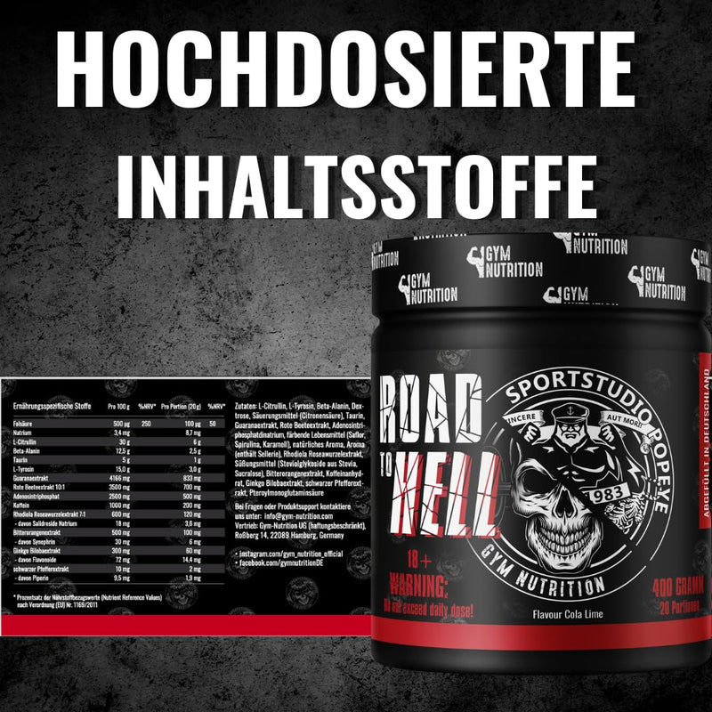 Road To Hell 2.0 - Ultra Hardcore Booster Pre Workout - Powder - Atp + L-Arginine + Citrulline + Beta Alanine + Caffeine 400 G In Collaboration With Sports Studio Popeye Cola Lime Flavor Vegan - NewNest Australia