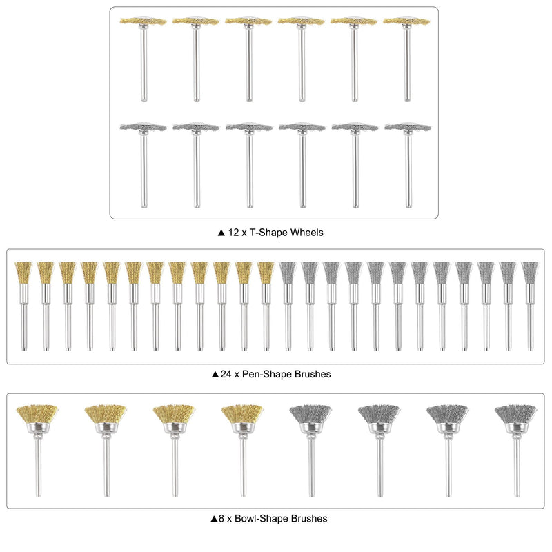 uxcell Wire Brushes Wheels Stainless Steel and Brass Pen-Shape Bowl-Shape T-Shape Kit Accessories for Rotary Tools 44pcs - NewNest Australia