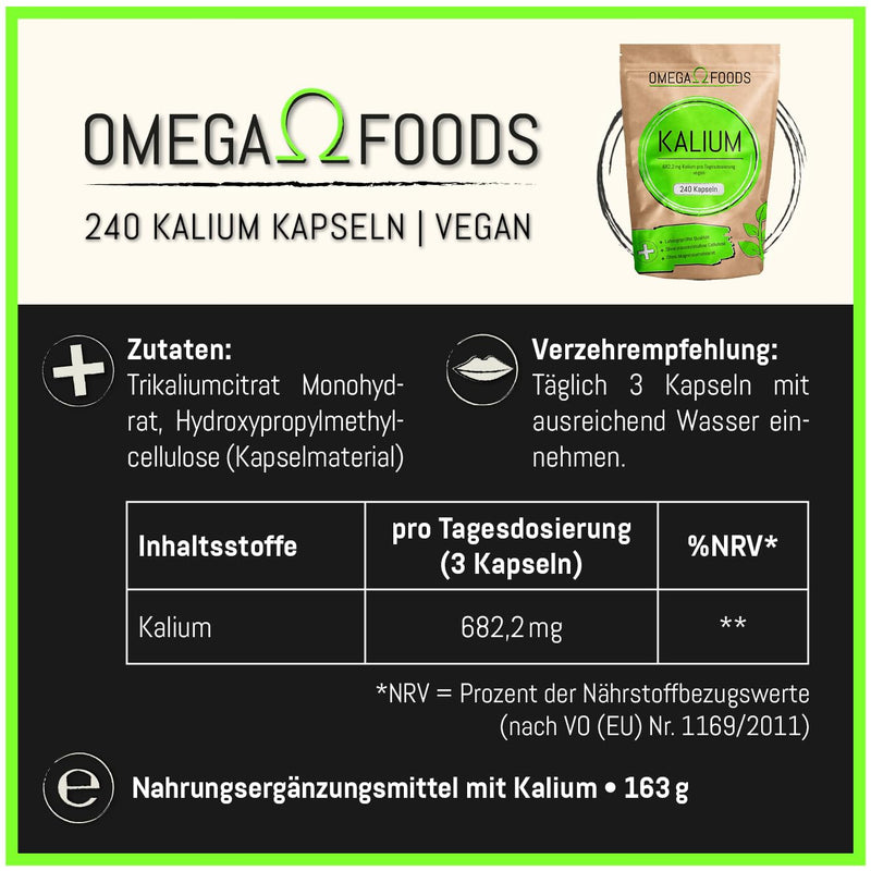 High-dose potassium - 240 potassium capsules - Vegan - 682.2 mg potassium per daily dosage - Potassium Citrate - Free from additives - NewNest Australia