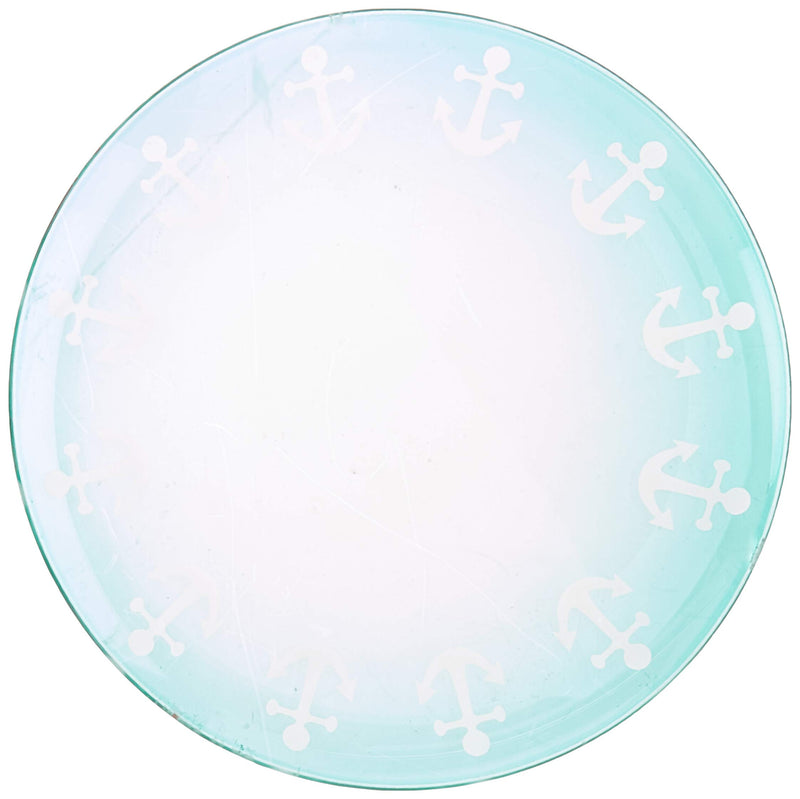 NewNest Australia - Pavilion Aqua Anchor Patterned Beach House Large Glass Rounded Jar Candle Tray, 7.25 Inc 