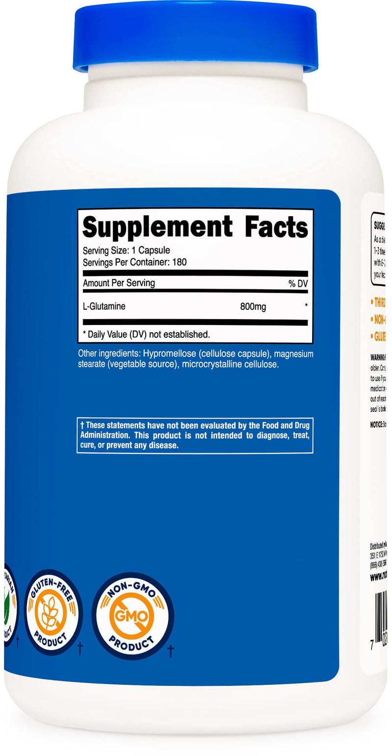 Nutricost L-Glutamine 800mg, 180 Capsules - Gluten Free, Non-GMO 180 Count (Pack of 1) - NewNest Australia