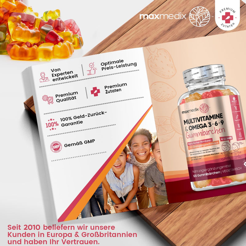 Maxmedix Multivitamin Gummy Bears For Children - With Omega 3, 6, 9, Iodine & Zinc - 120 Vitamin Gummies - Vitamin C, D3, B - Vegetarian & Tested Ingredients - No Gelatin & Additives - NewNest Australia