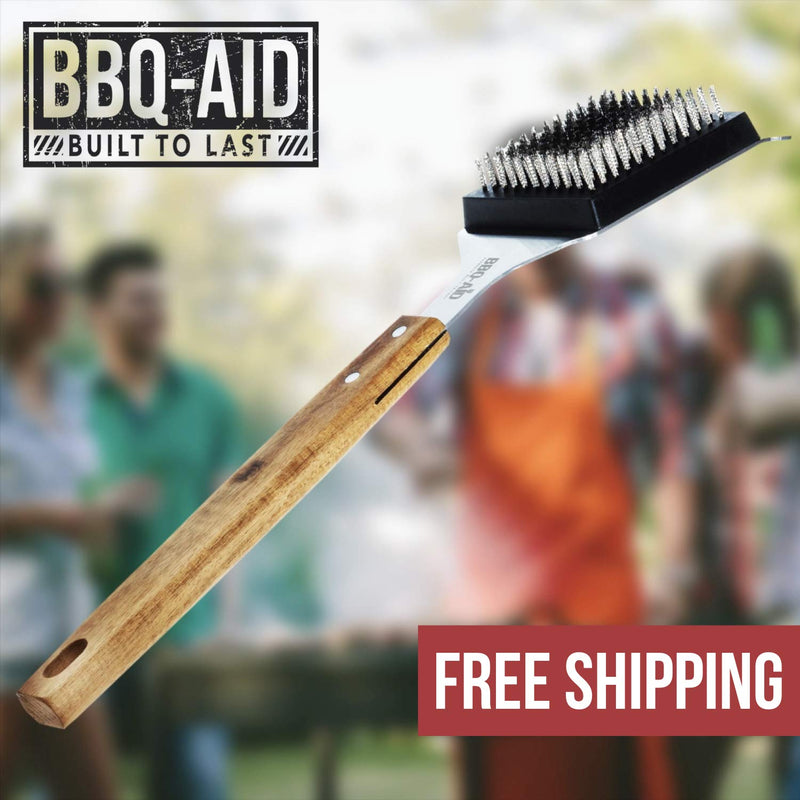 NewNest Australia - BBQ-Aid Barbecue Grill Brush and Scraper – Extended, Large Wooden Handle and Stainless Steel Bristles – Safe, No Scratch Cleaning - Best for Any Grill: Char Broil & Ceramic – Easy Replaceable Head 